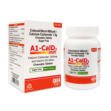 A1-CalD3 Max Calcium Carbonate 1500mg (equivalent to 600MG Calcium) plus D3 400iu Chewable 112 Tablets