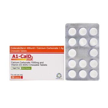 A1-CalD3 Max Calcium Carbonate 1500mg (equivalent to 600MG Calcium) plus D3 400iu Chewable 56 Tablets